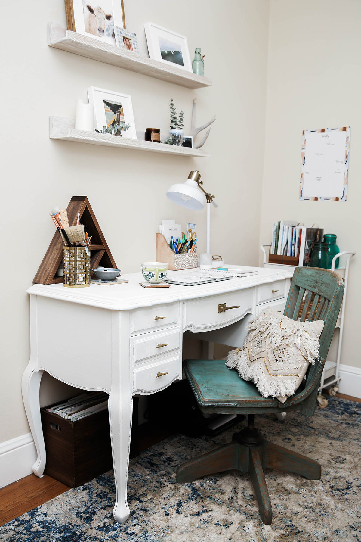 home office decor with Minted prints and shelves