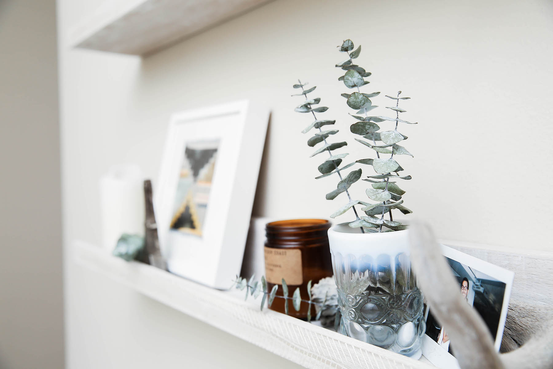 home office decor with Minted prints and shelves