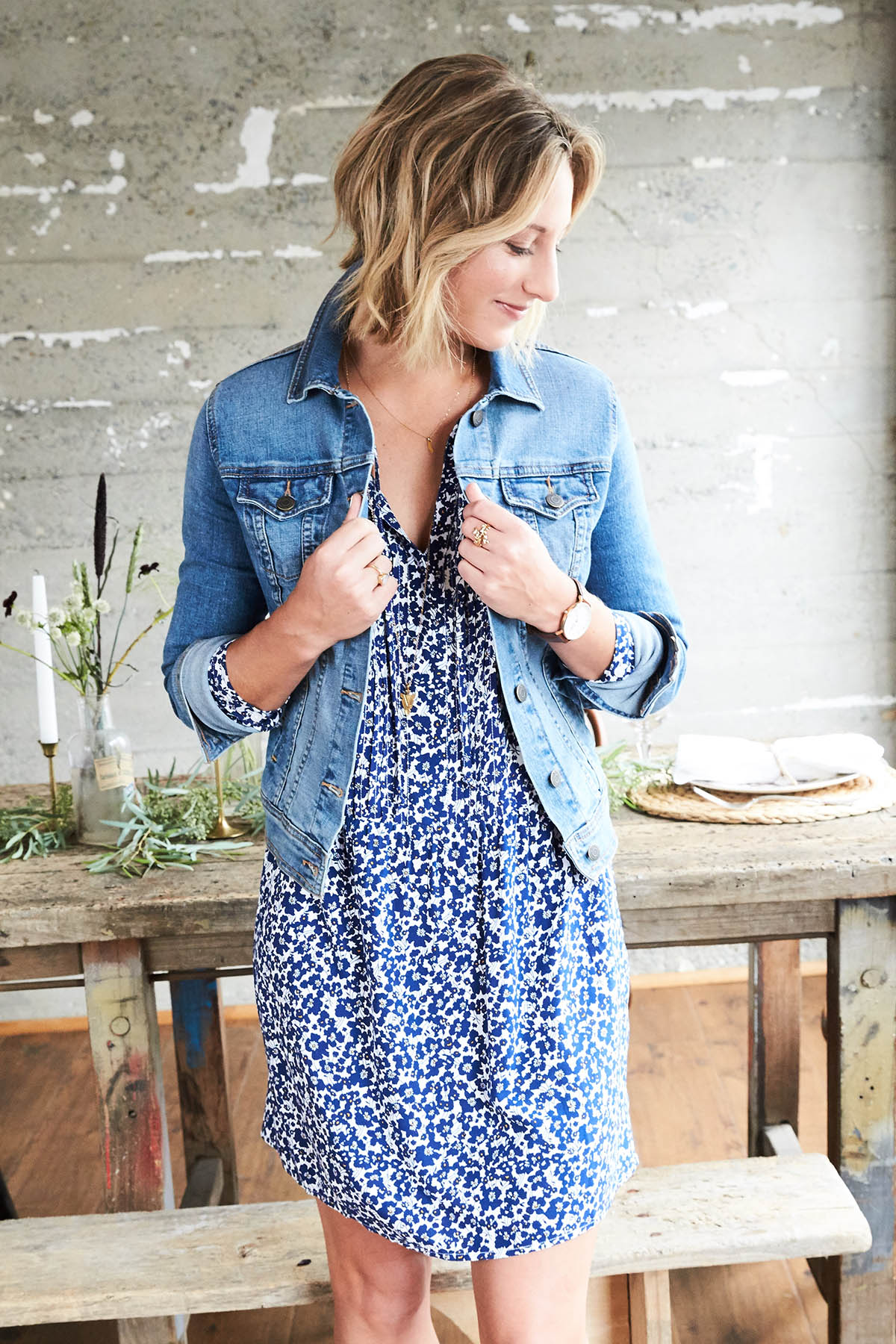 old navy blue floral dress and denim jacket