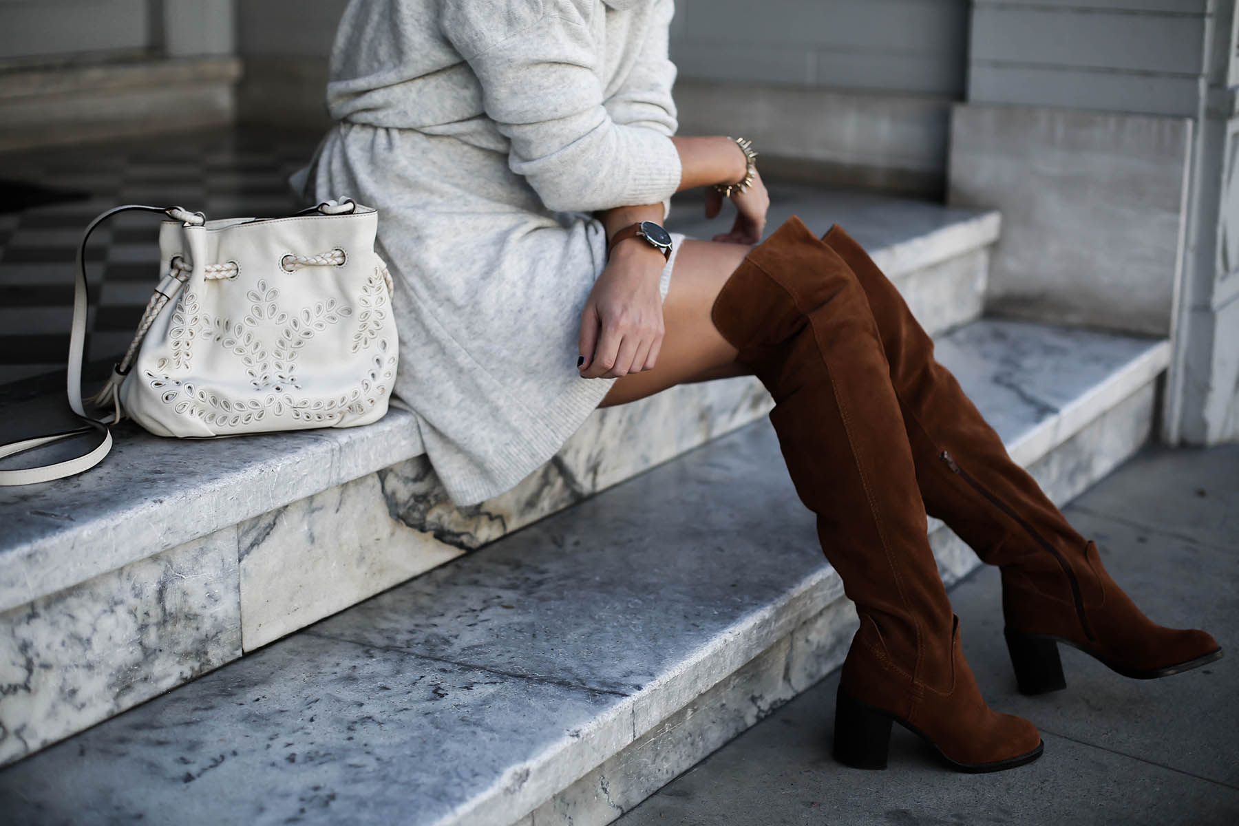 gray sweater dress and over the knee boots thanksgiving outfit