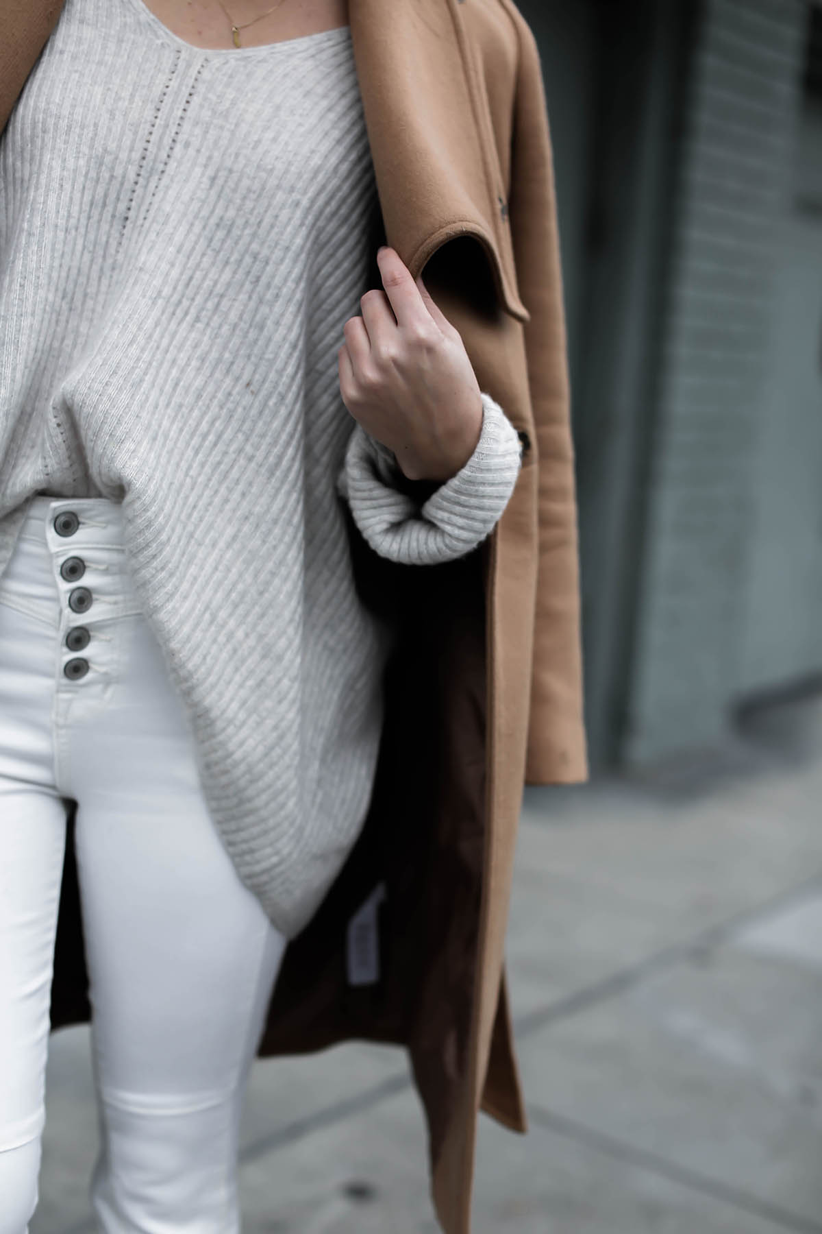 high rise white jeans and oversized gray sweater