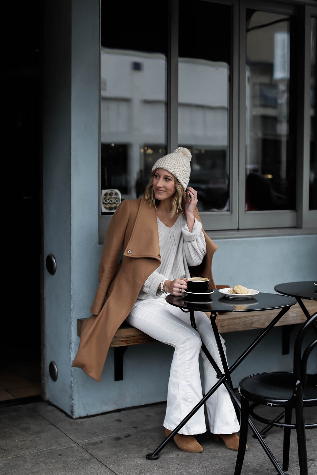 white flare jeans and camel coat winter outfit