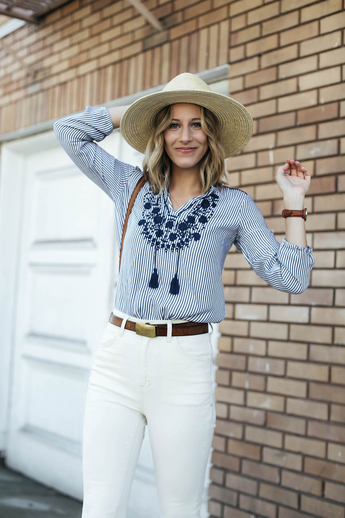old navy embroidered nautical trend shirt with white high rise jeans and brixton hat