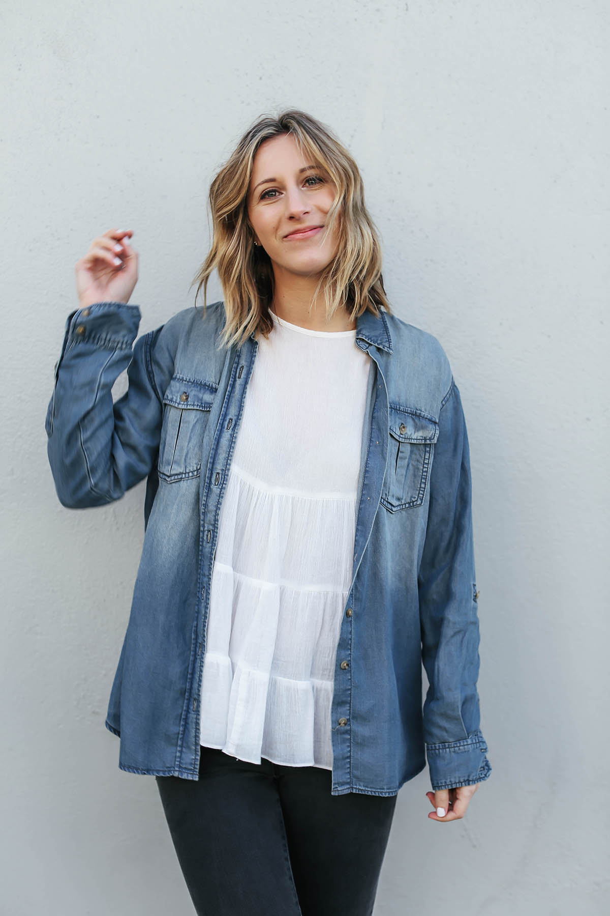 chambray shirt over white blouse on long bob