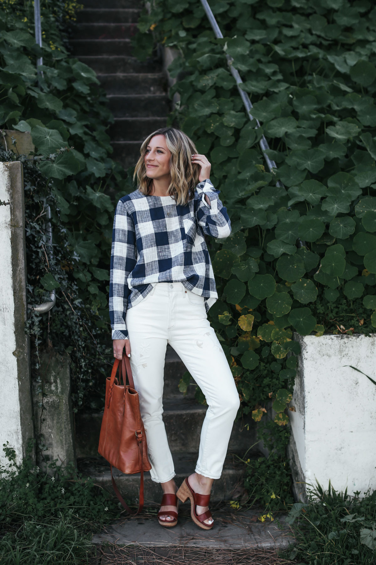 white embroidered denim and gingham top outfit from Anthropologie