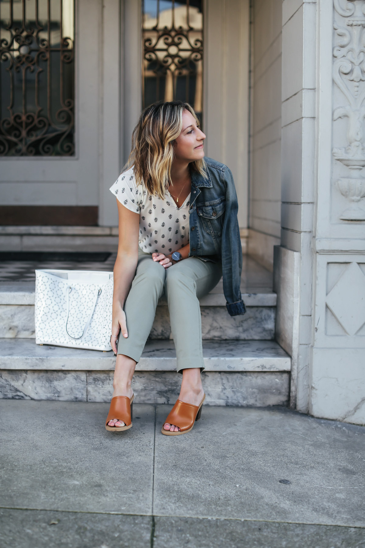 old navy boho top, cropped pants, denim jacket and mules spring work outfit