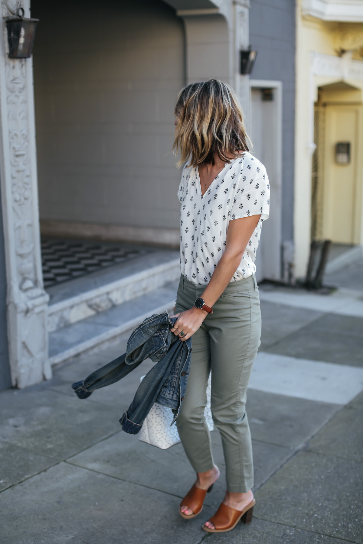 old navy boho top, cropped pants and denim jacket spring work outfit