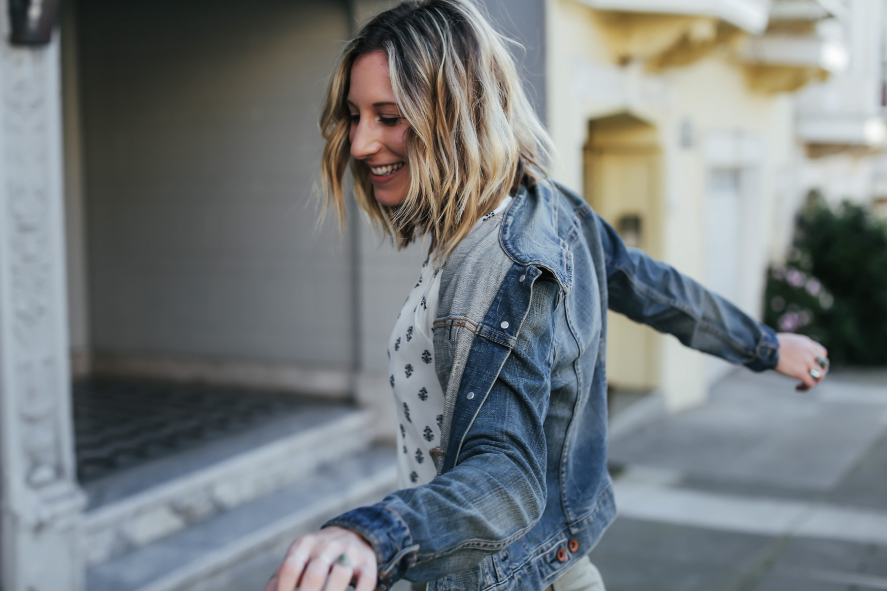 old navy boho top, cropped pants and denim jacket spring work outfit