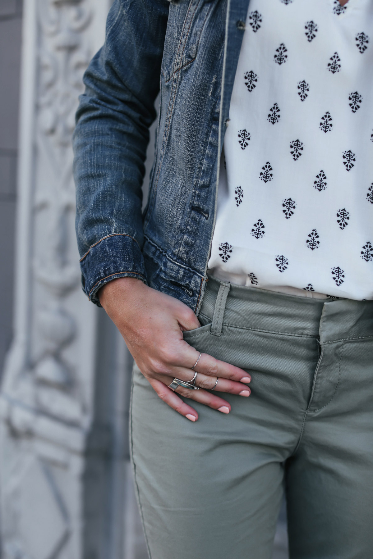 old navy boho top, cropped pants and denim jacket spring work outfit