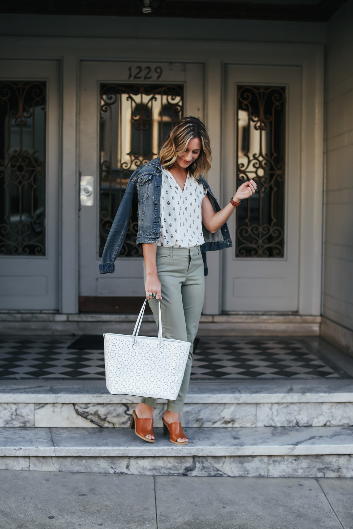 old navy boho top, cropped pants and denim jacket spring work outfit