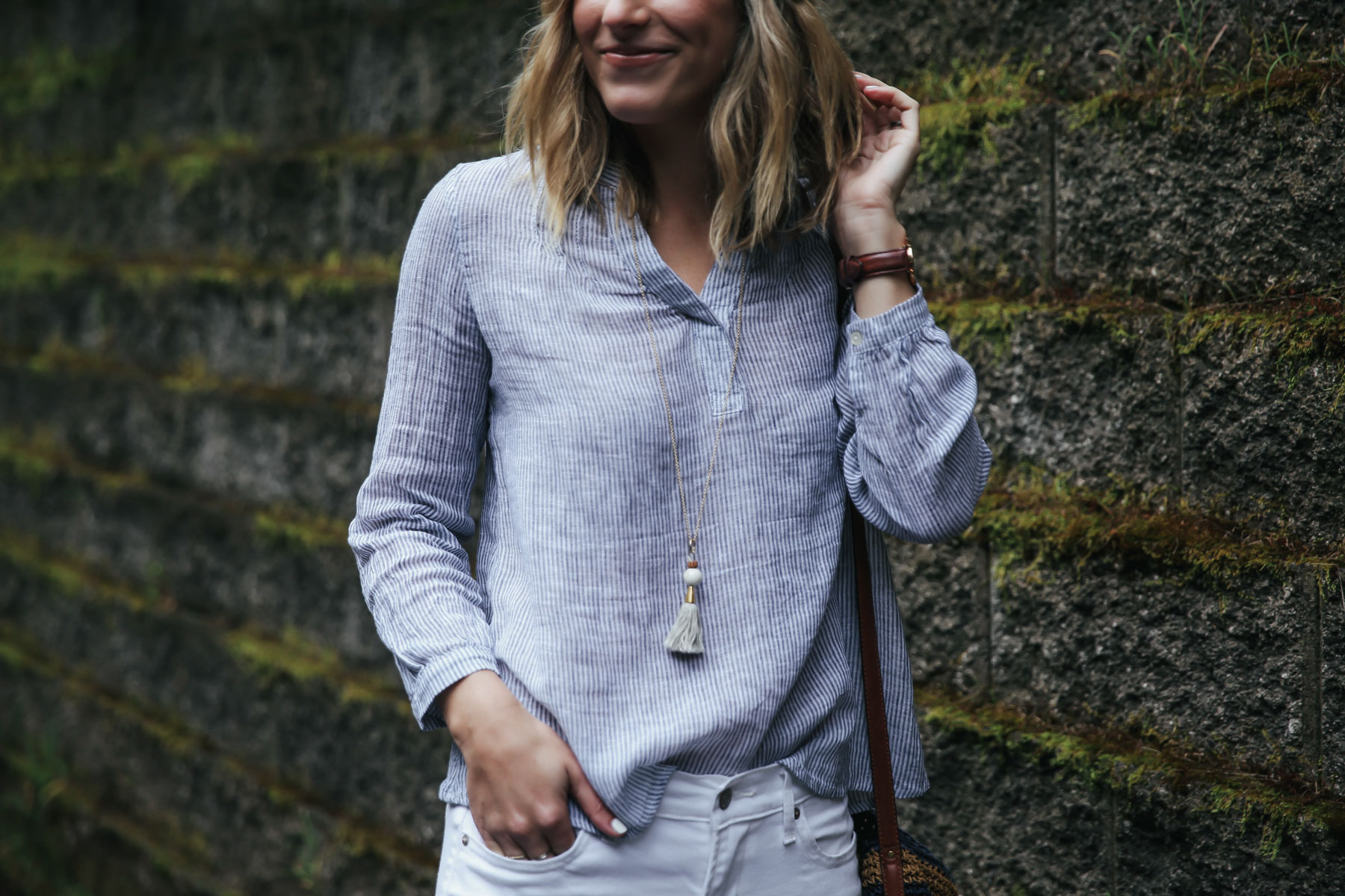 light blue linen top from Old Navy with Natalie Borton tassel necklace