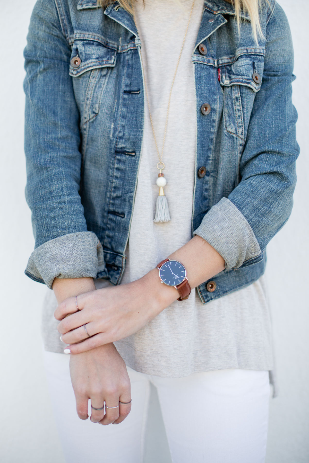 basic outfits with denim jacket and tassel necklace