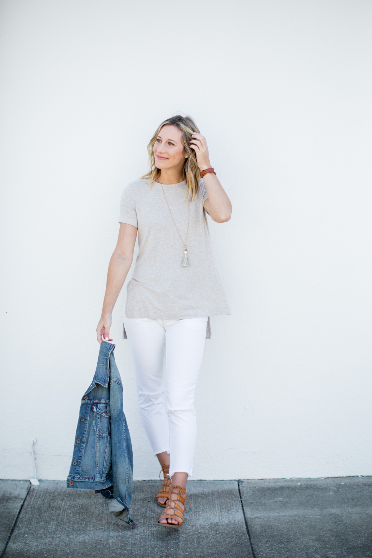 basic outfits with white jeans, tee shirt, and denim jacket