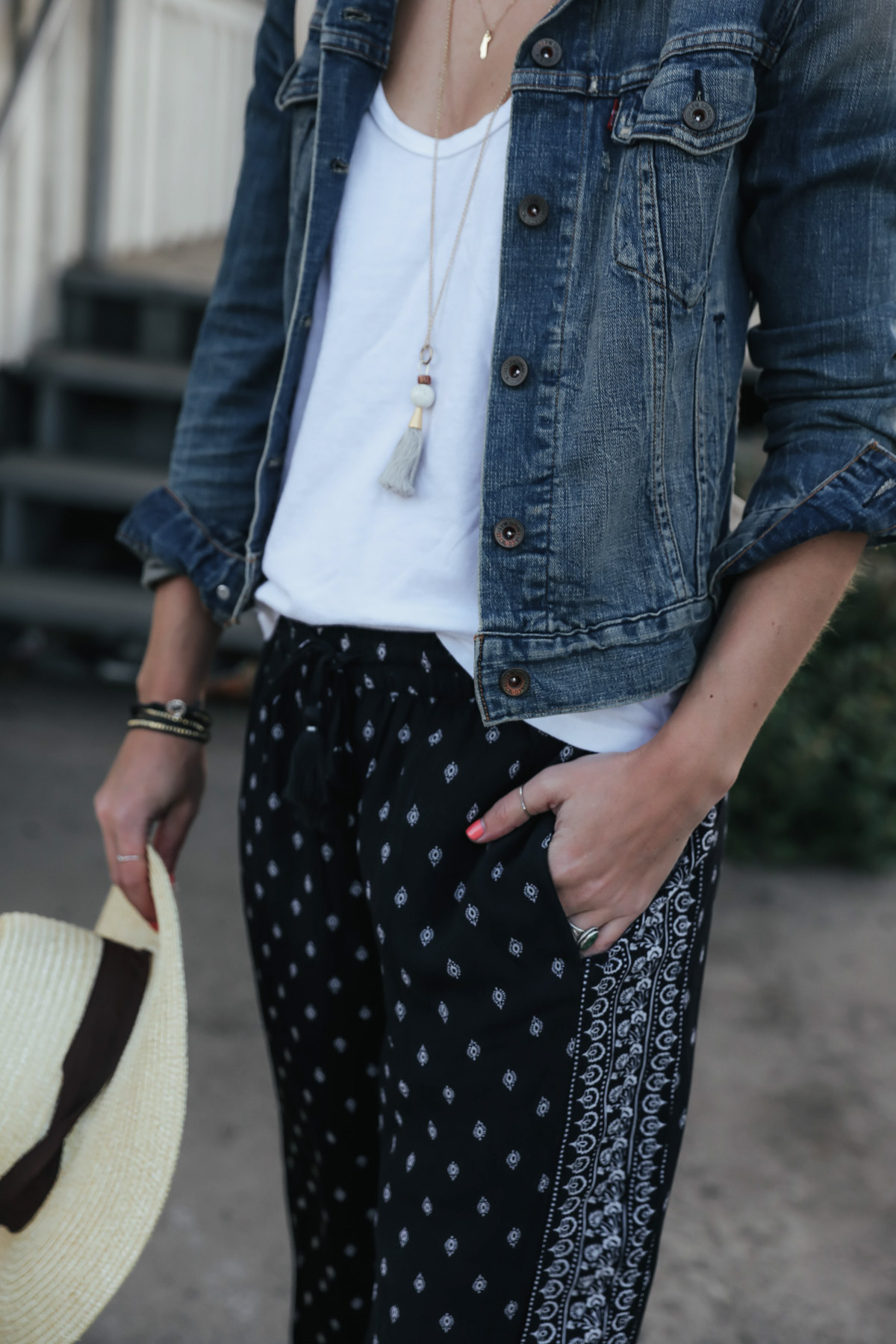 summer travel outfits with old navy soft printed pants and denim jacket