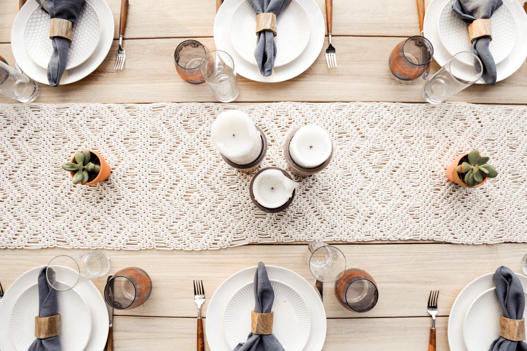 bohemian tablescape with macrame runner