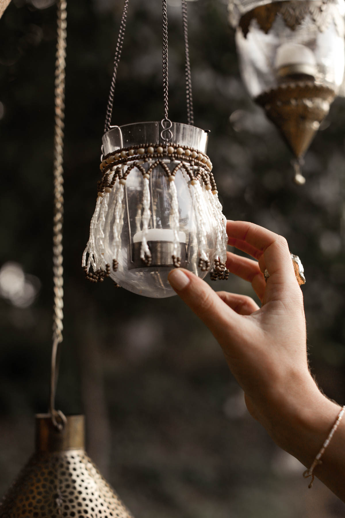 bohemian hanging lantern decor for outdoor dining area