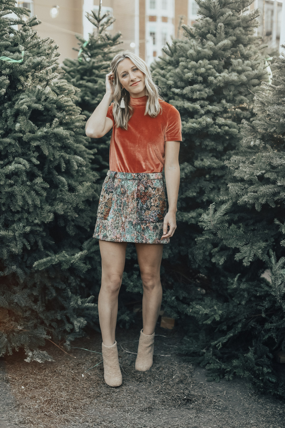 madewell velvet top and urban outfitters jacquard mini skirt holiday outfit