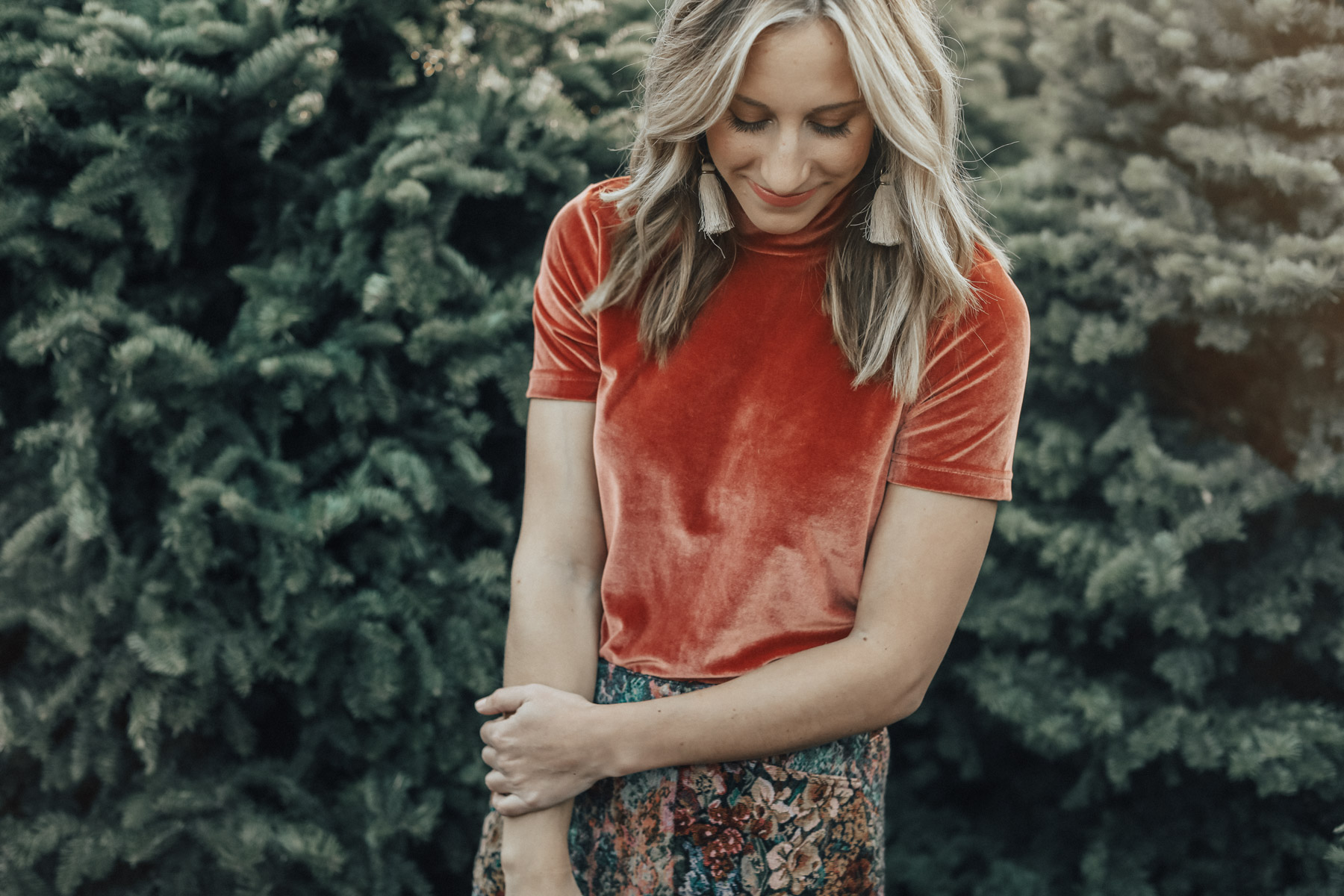 madewell velvet top and urban outfitters jacquard mini skirt holiday outfit