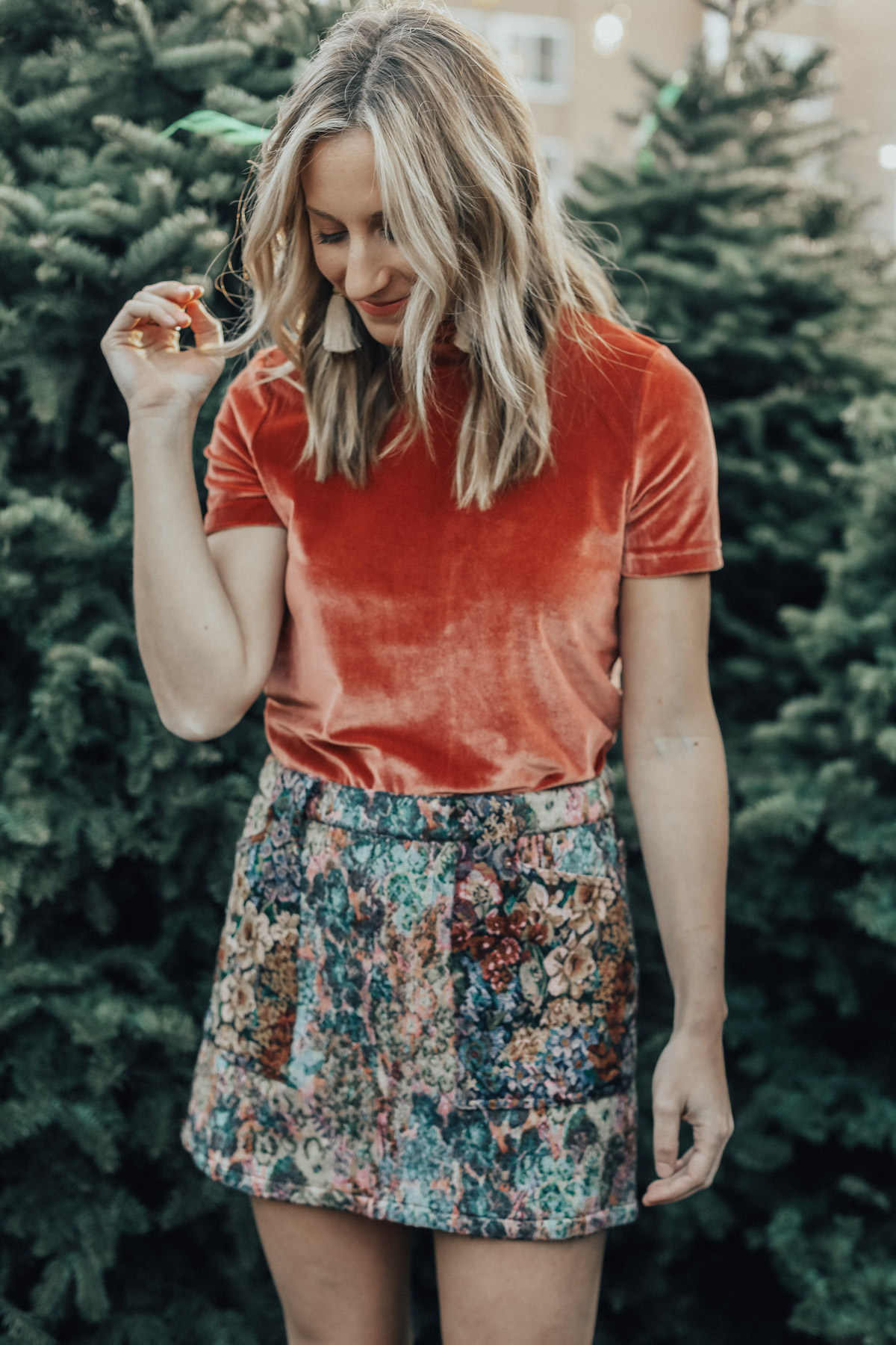 madewell velvet top and urban outfitters jacquard mini skirt holiday outfit