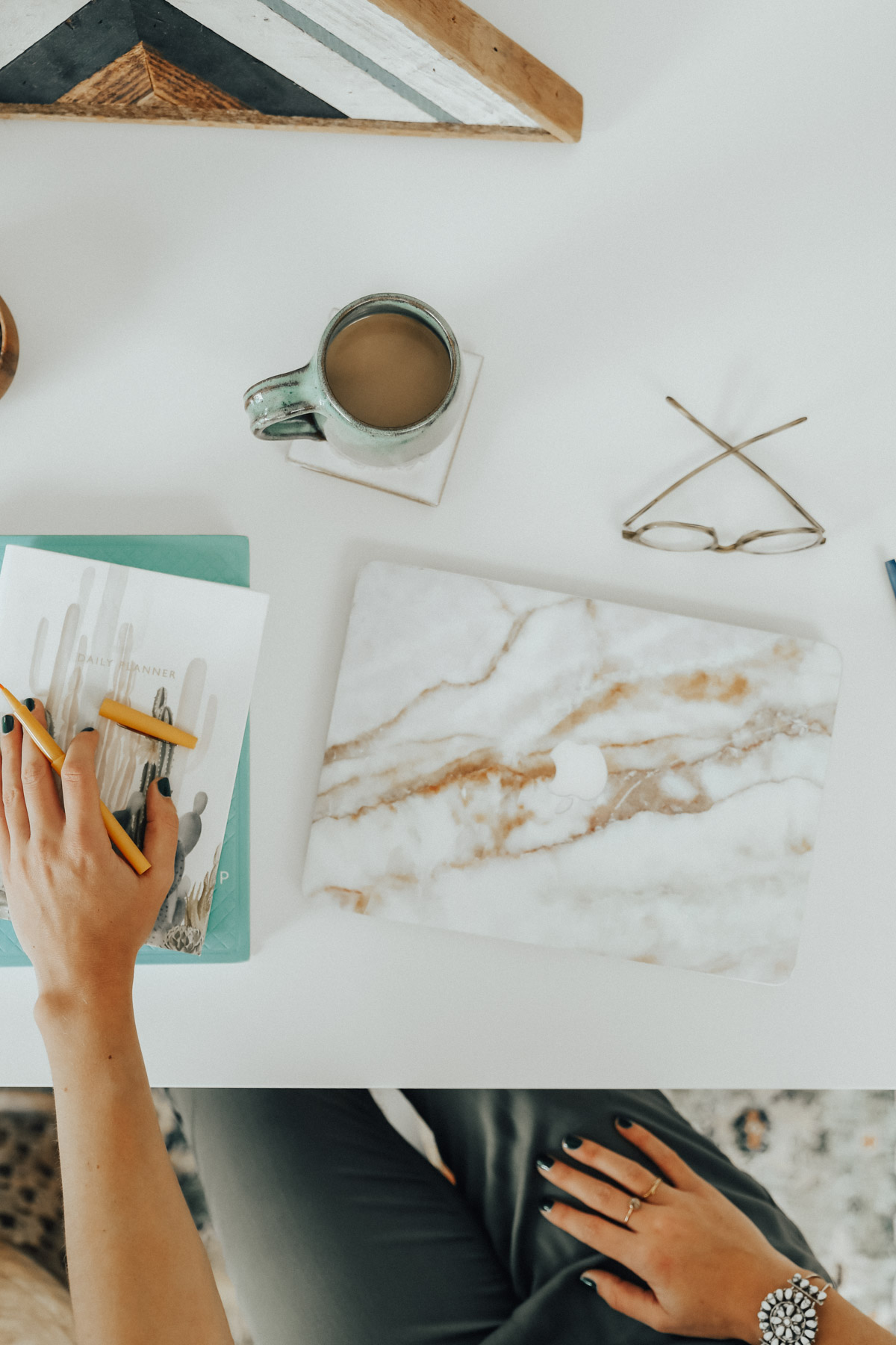 light bright boho desk decor and marble laptop skin