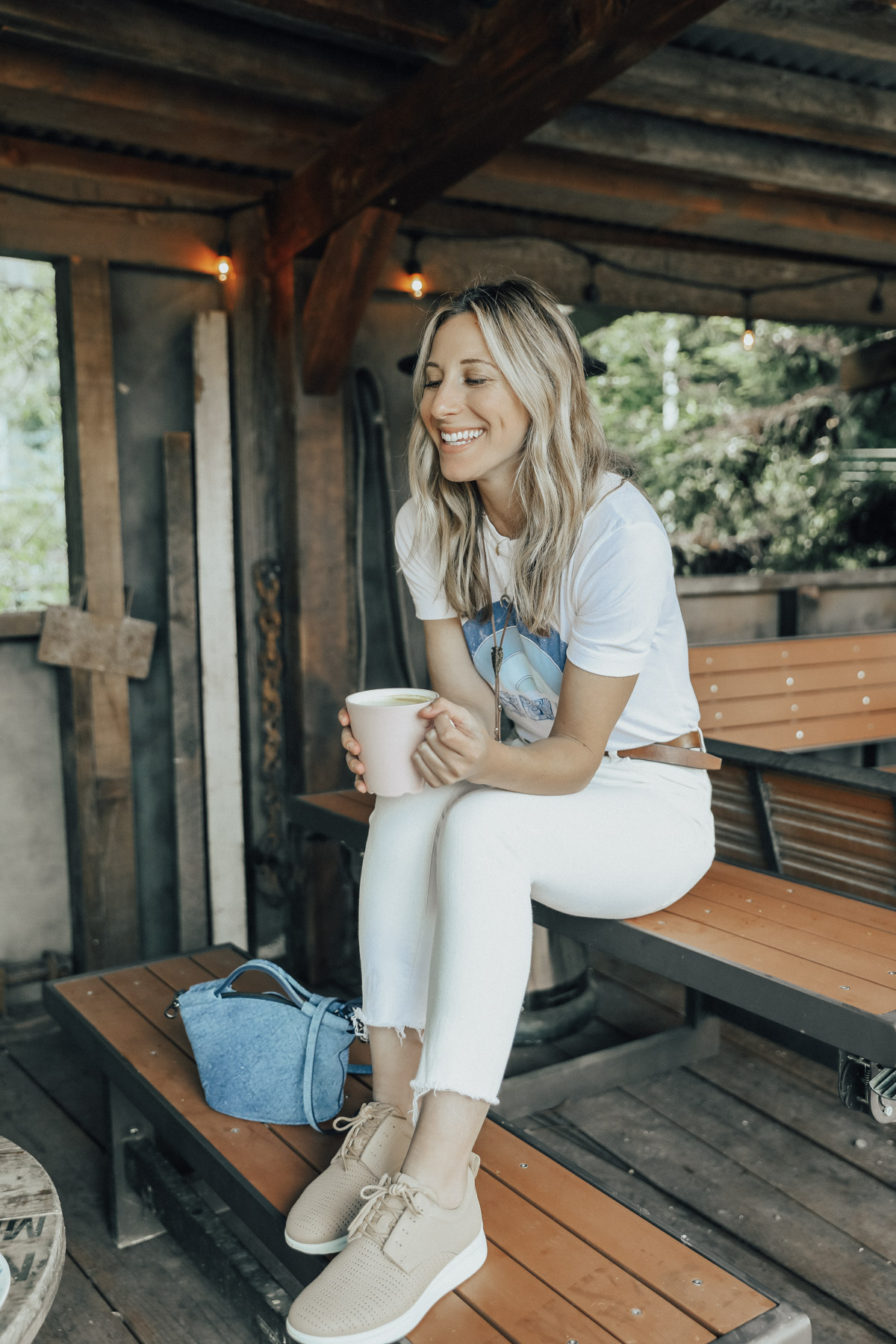 white jeans and tee shirt with ECCO leather sneakers for Advice from a 20 Something