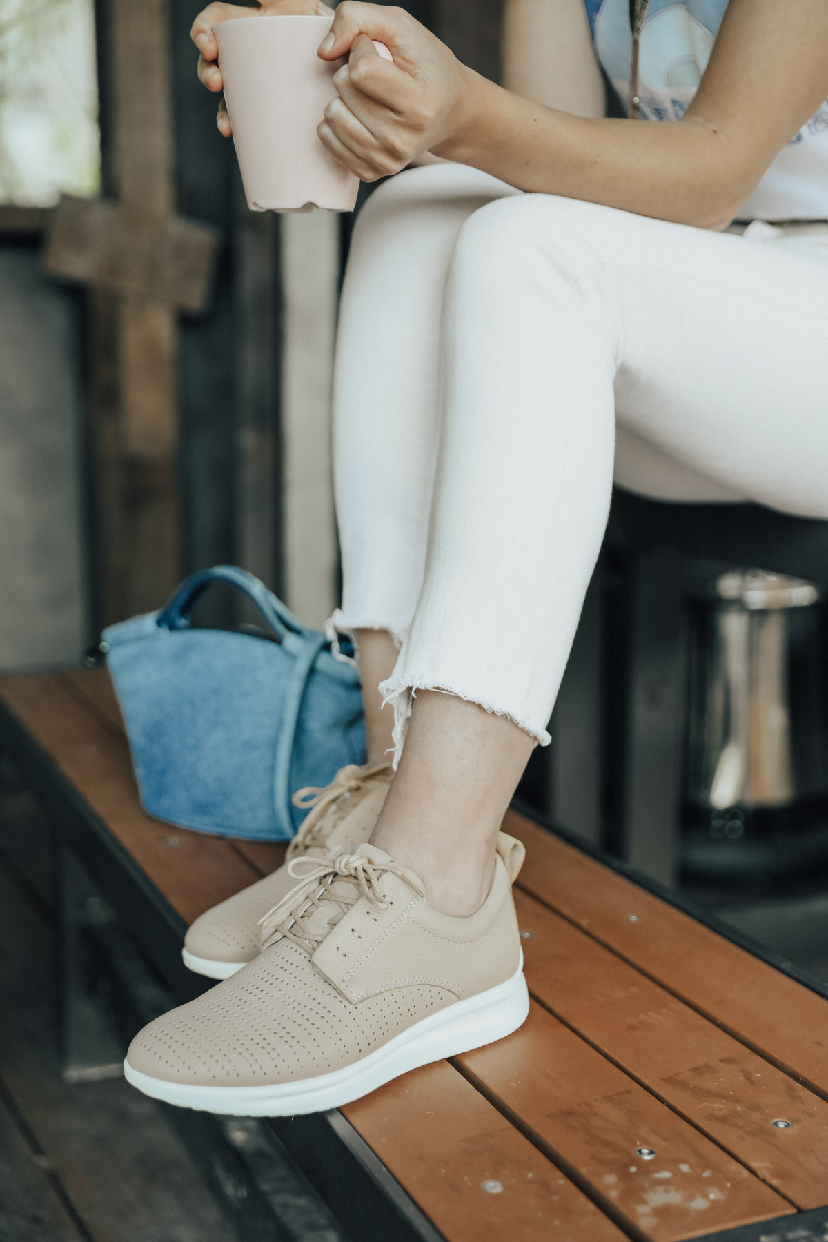 white jeans and tee shirt with ECCO leather sneakers for Advice from a 20 Something