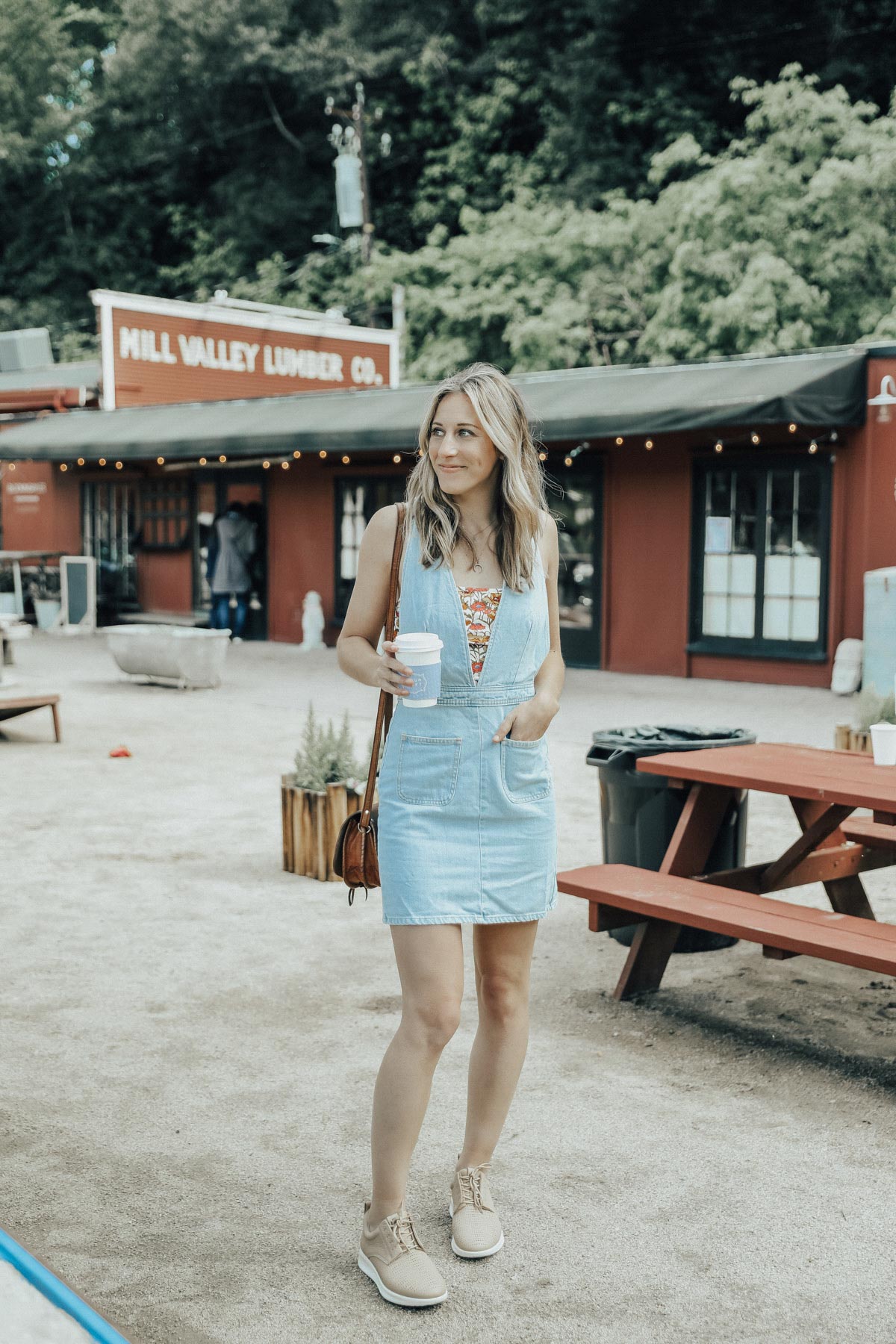 denim overalls jumper with floral top and ECCO leather sneakers for Advice from a 20 Something