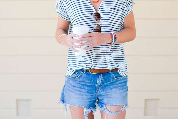 classic blue and white striped button down with denim shorts