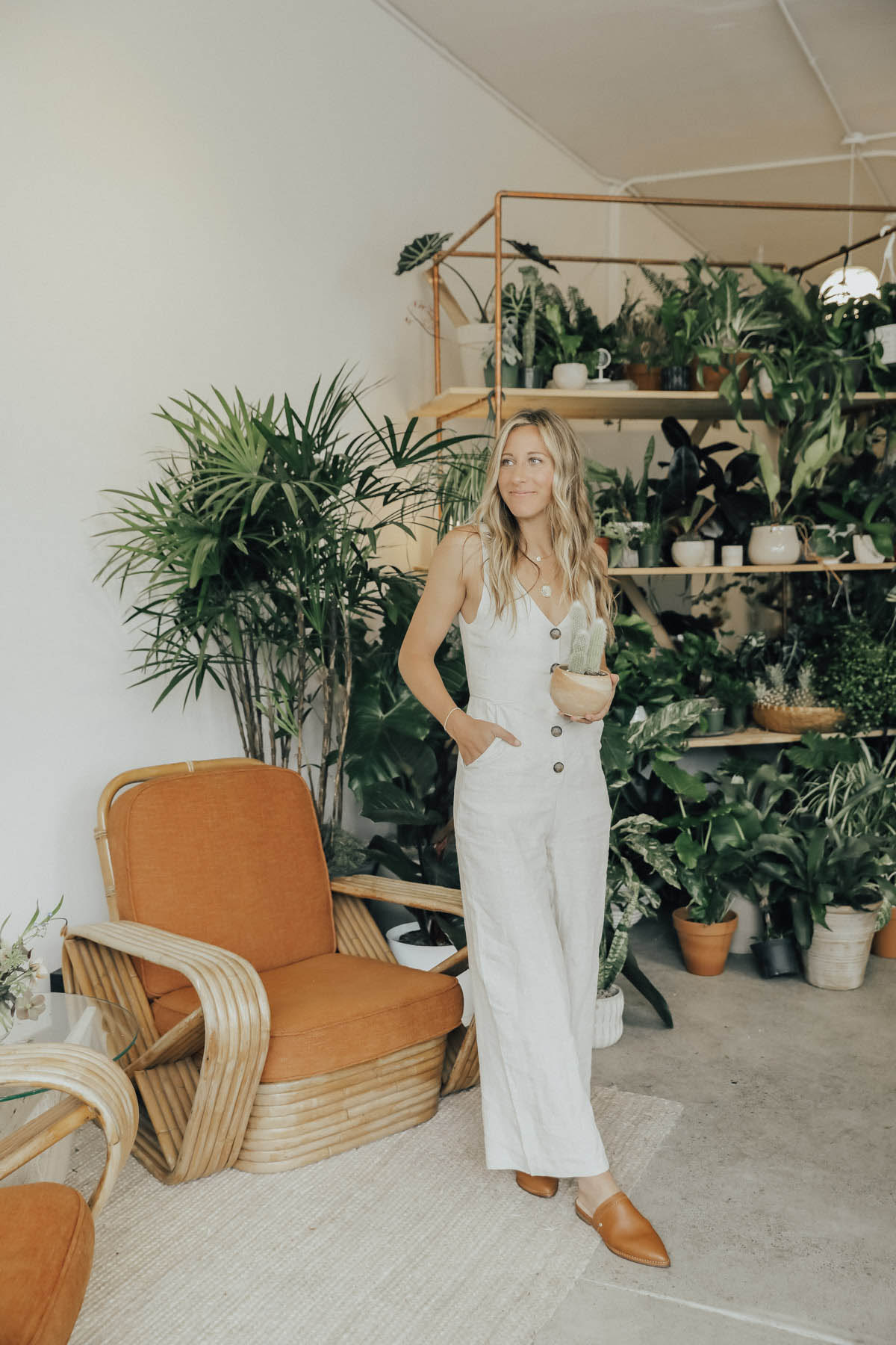 trunk club reformation linen jumpsuit plant shop