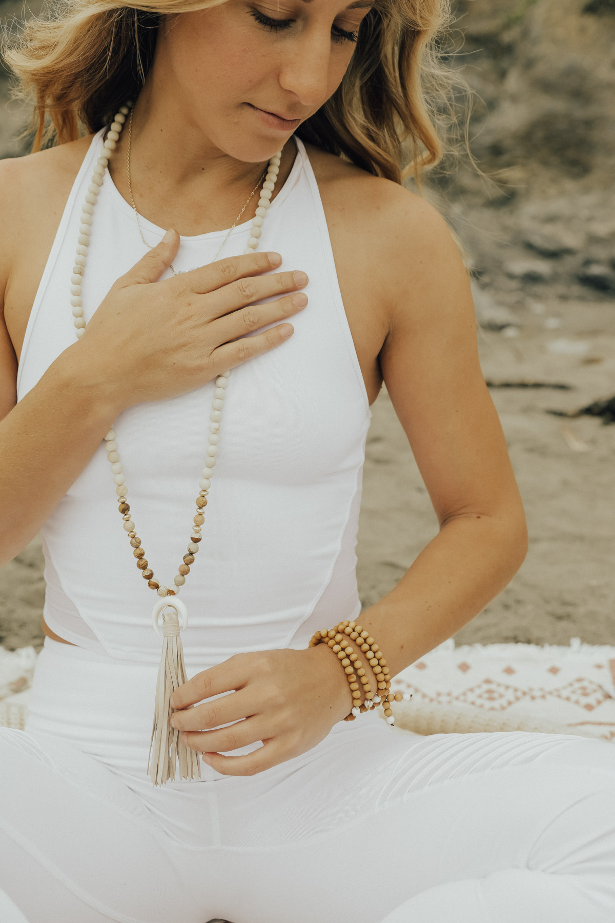 meditation prayer beads white workout outfit