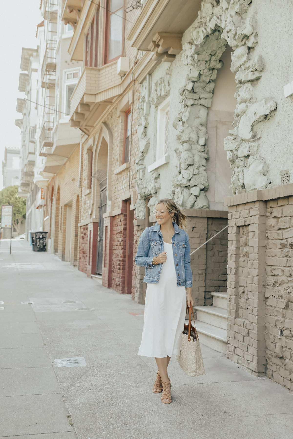 silk midi dress and denim jacket summer outfit