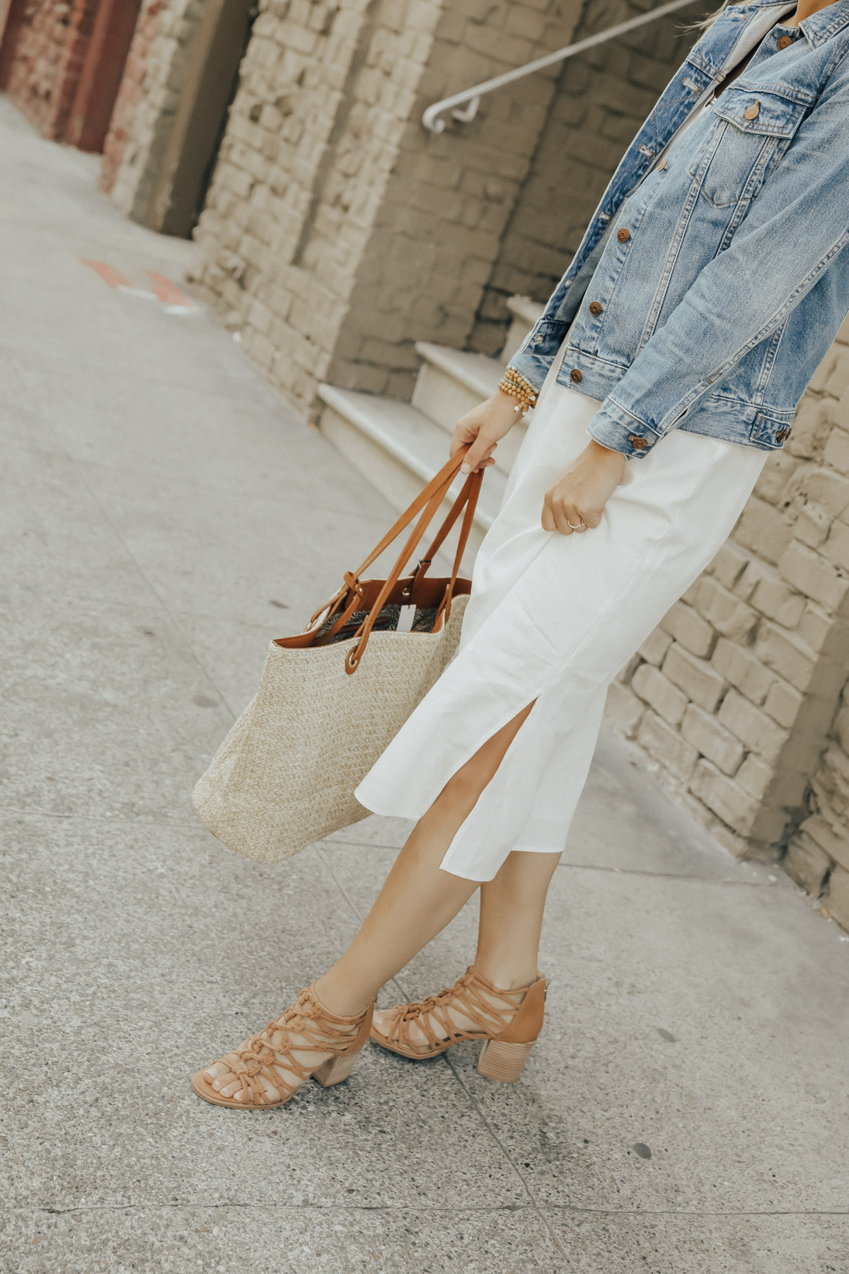 silk midi dress and denim jacket summer outfit