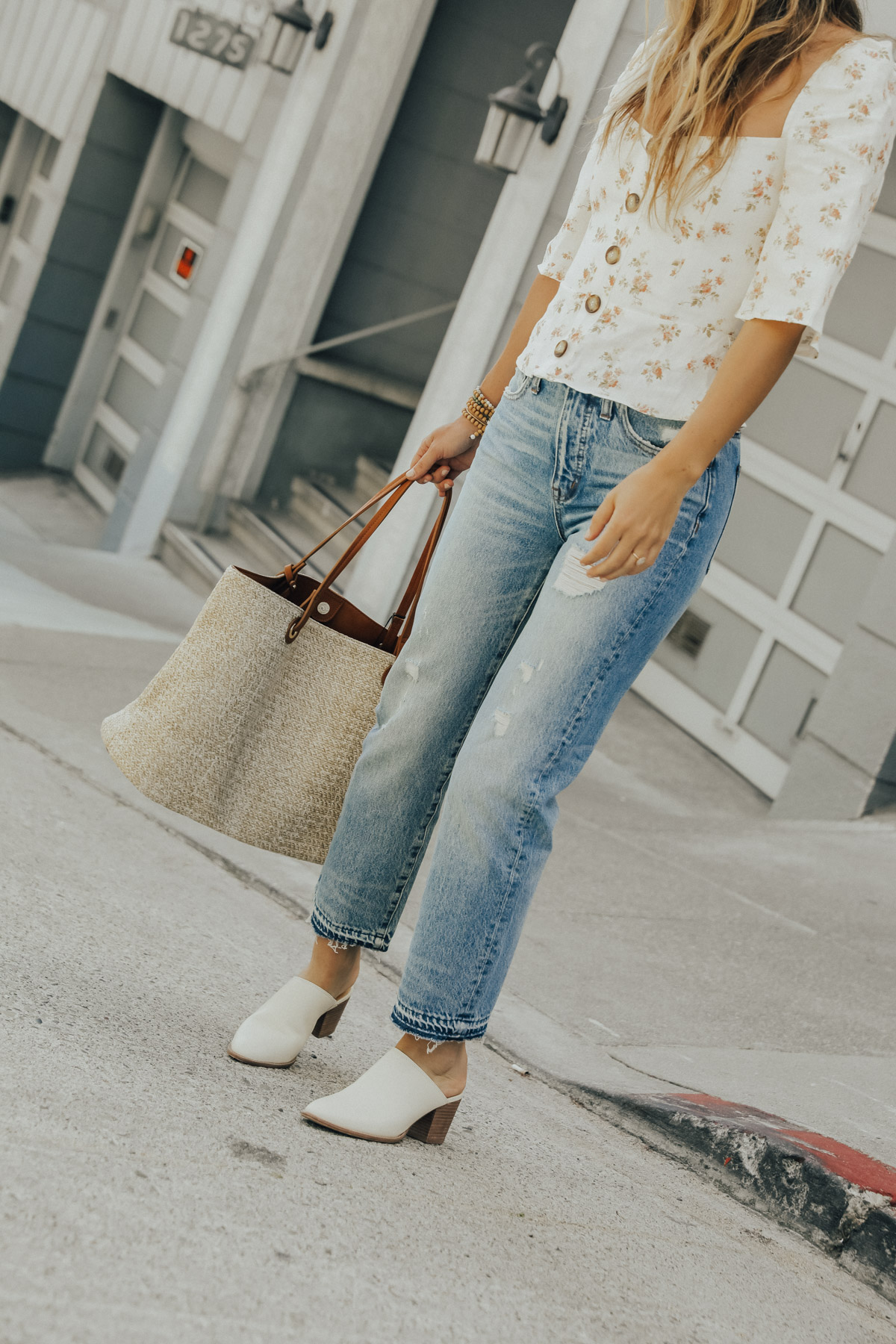 madewell vintage jeans and mules with reformation floral top